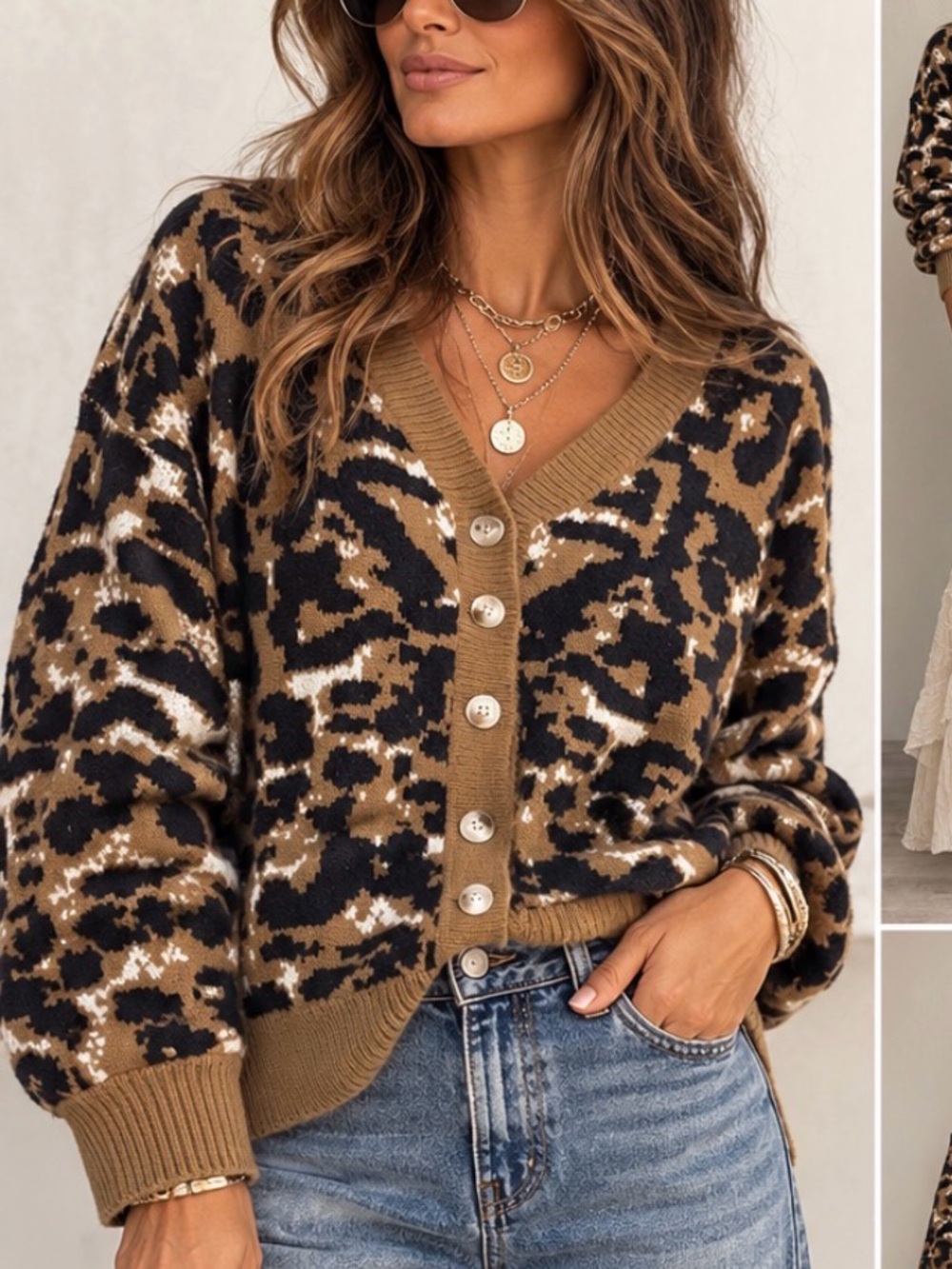Grace & Emma V-Neck Leopard Print Button-Front Sweater - Brown/Black
